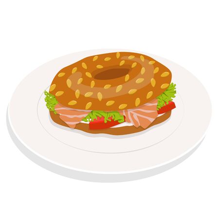 Bagel sandwich on plate with cream cheese, salmon, salad. Delicious breakfast. Take away fast food. Vector illustrationのイラスト素材