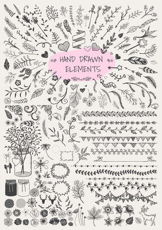 Big set of hand drawn floral arrow ornamental frames border brackets mason jars horns and etc. for decoration. Vintage elements.のイラスト素材