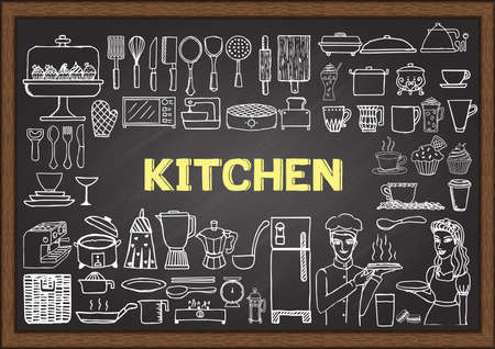 Hand drawn kitchen equipment on chalkboard. Doodles or elements for restaurant design.のイラスト素材
