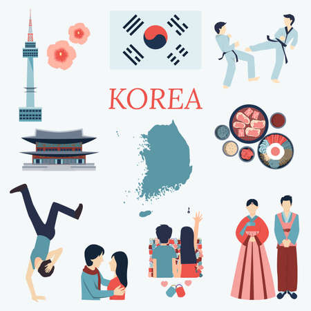 All about Korea. Flat design elements. KPOP Korean seriesflag nation flowertaekwondomaptourist attractions and etc.のイラスト素材
