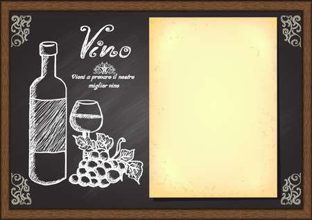Hand drawn a bottle and glass of wine with grape and old paper on chalkboard. Menu design template. Ready to use.のイラスト素材