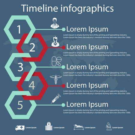 Time line infographics template with hexagonal paper effect showing a range of five options in text boxes with medical icons.のイラスト素材