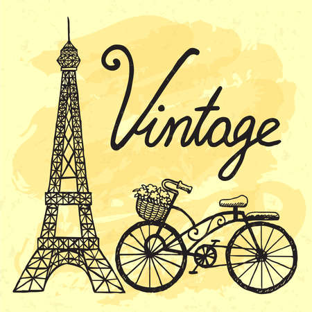 Hand drawn Eiffel tower and vintage bicycle.のイラスト素材