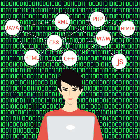 Programmer coding on his laptop with speech bubbles and green binary code background.のイラスト素材