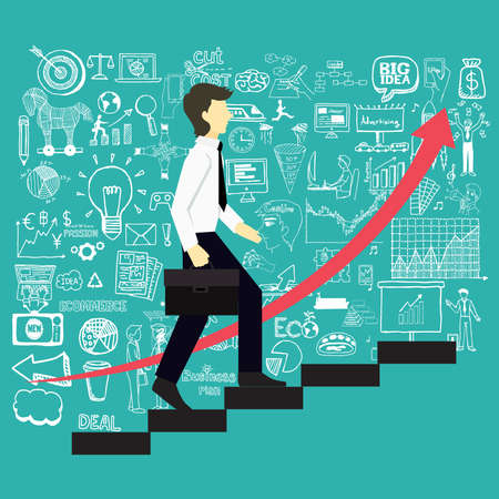 A business man steps up stairs to successful point with business doodles background.のイラスト素材