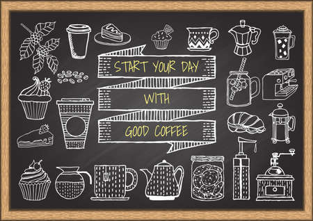 Hand drawn coffee and bakery on chalkboard.のイラスト素材
