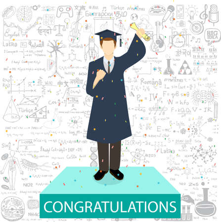 Graduated student standing on the podium withe the word congratulations and education doodles background.のイラスト素材