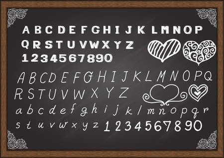 Hand drawn Italic upper case and lower case letters. Hand drawn fonts with hand drawn heart shapes and numbers.のイラスト素材