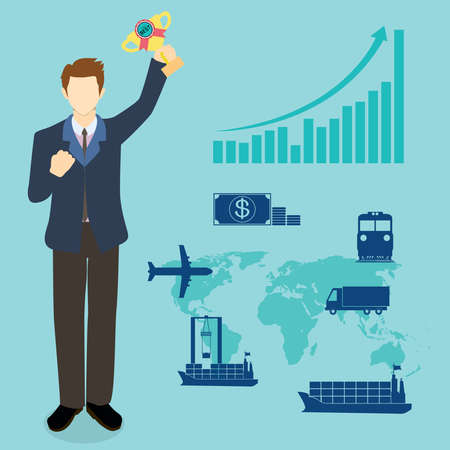 Business man holding award for being the best of transportation business. With vehicle flat icons and chart.のイラスト素材