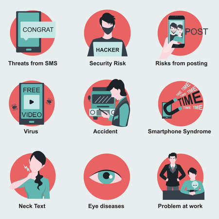 Threats or risks from using smartphone such as health risks,security risks and etc. Flat design elements for infographics.のイラスト素材