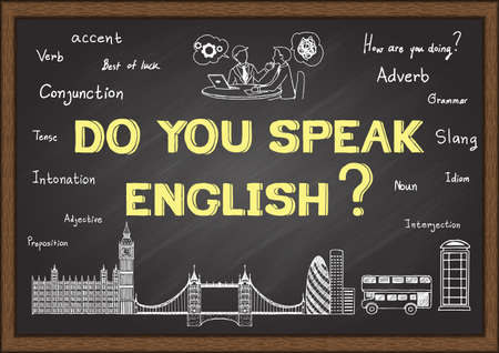 Doodles with phrase do you speak English  on chalkboard.のイラスト素材