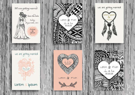 Set of hand drawn zentangle on A4 template for print. Wedding card design template.のイラスト素材