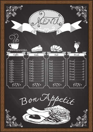 Coffee,food,bakery,cake,drink menu on chalkboard with ornamental and wooden frame design template.のイラスト素材