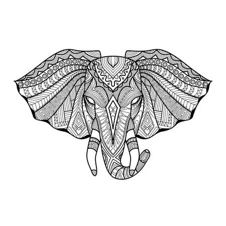 Drawing unique ethnic elephant head for print, pattern,logo,icon,shirt design,coloring page.のイラスト素材