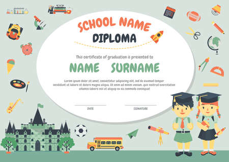 Preschool Elementary school Kids Diploma certificate background design templateのイラスト素材