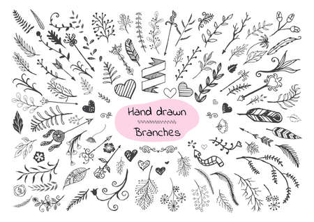 Set of hand drawn branches, hearts and arrowsのイラスト素材