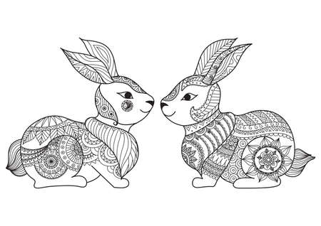 Two cute little rabbit line art design for coloring book, cards, t shirt design and so onのイラスト素材