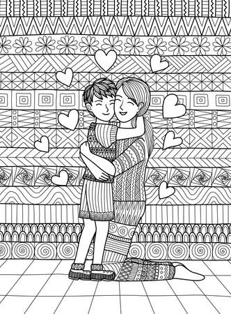 Son and mom squeezing and showing love, clean lines doodle design for coloring book for adultのイラスト素材