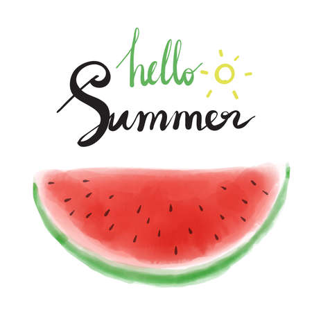 Watercolor watermelons and lettering hello summerのイラスト素材