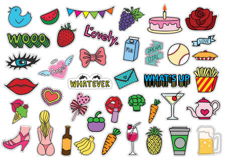 Hand drawn colorful T shirt patches sexy chick stuffs including ice cream, bikini, eyelash, red lips, whatever eyes roll, female monkey, purse, fruits, party confetti,unicorn and so on - Stockのイラスト素材