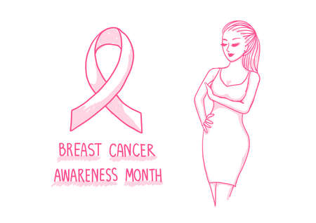 Hand drawn pink lady touching and trying to aware breast cancer gesture with pink ribbon and text BREAST CANCER AWARENESS MONTHのイラスト素材