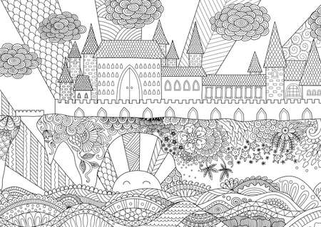 Zendoodle castle landscape for background, adult coloring and design element. Stock.のイラスト素材