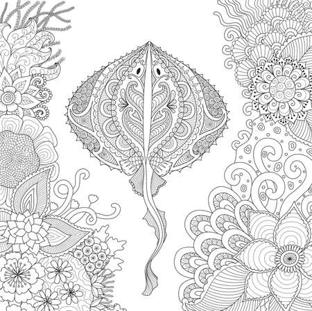Zendoodle of stingray swimming among beautiful corals for adult coloring book pageのイラスト素材