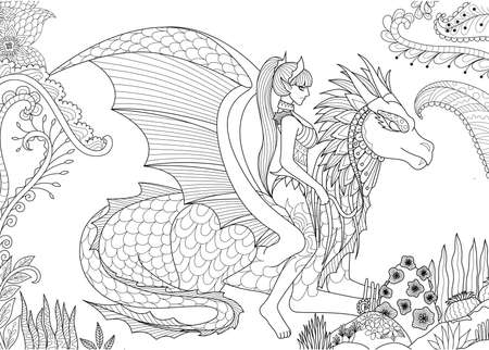 Sexy queen riding a dragon for adult coloring book pageのイラスト素材