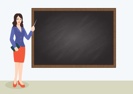 Beautiful girl presenting in front of chalkboard with copy space for your textのイラスト素材