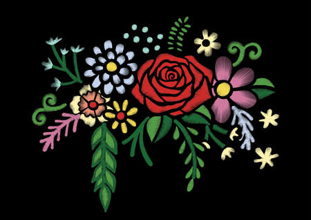 Wild flowers and red rose branch embroidery design. Stock Vectorのイラスト素材