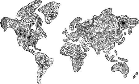 Floral world map for t shirt design and adult or kids coloring book pageのイラスト素材