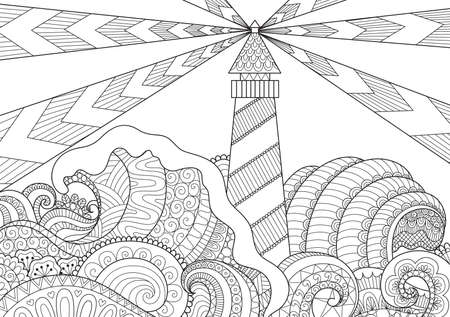 Line art design of Light house and beautiful sea wave for illustration and coloring book page for adultのイラスト素材