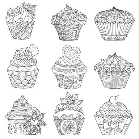 Zendoodle design of cupcakes on white background for adult and kids coloring book page and design element. Vector illustrationのイラスト素材