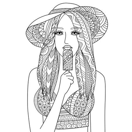 Zendoodle design of Sexy girl wearing hat eating ice cream. Happy Summer holiday. Vector illustrationのイラスト素材