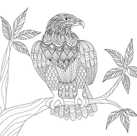 Hand drawn tribal eagle sitting on tree branchのイラスト素材