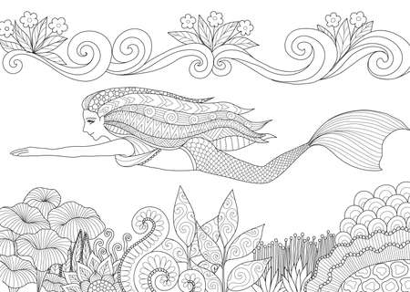 Pretty mermaid swimming above beautiful coral for adult and kid coloring book page. Vector illustration.のイラスト素材