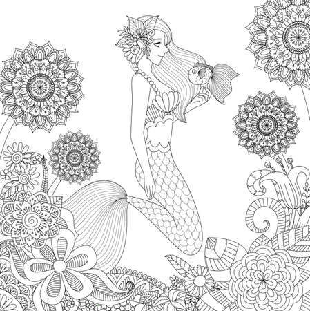 Beautiful mermaid playing with cute fish for adult coloring book page.のイラスト素材