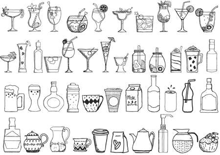 Big set of hand drawn drinks on white backgroundのイラスト素材