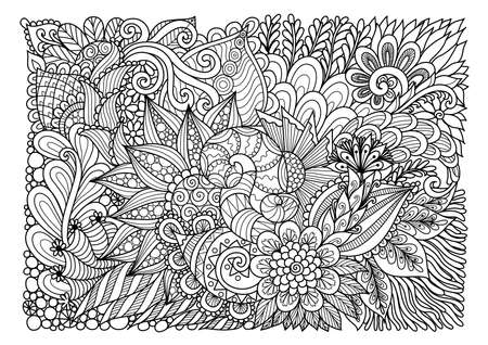 Abstract floral lineart for background and adult coloring book page. Vector illustrationのイラスト素材