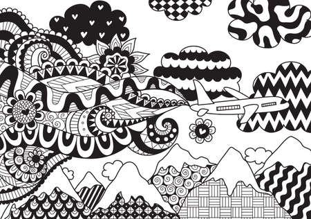 Zendoodle abstract airplane flying over beautiful mountain for banner,adult coloring book pages and design element. Stock Vectorのイラスト素材