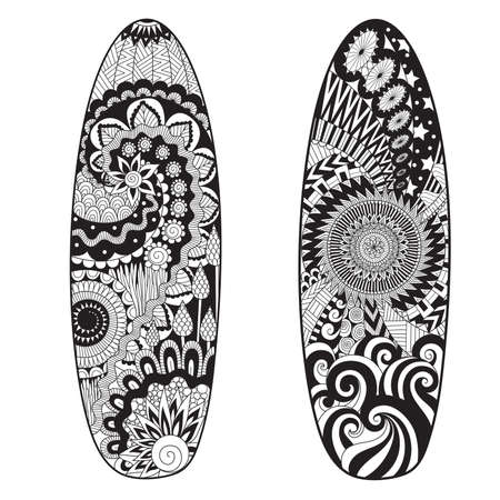 Line art design of two surfboards for design element and adult coloring book page.のイラスト素材