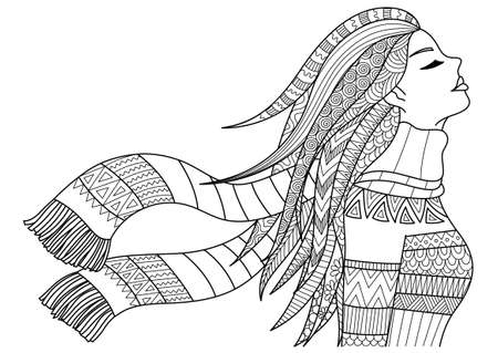 Beautiful girl wearing coat and scarf in winter for banner,adult coloring book page,poster and other design element.Stock Vectorのイラスト素材