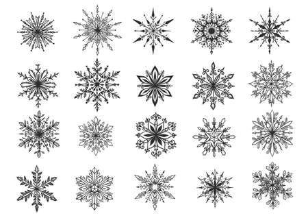 Twenty hand drawn snowflake icon isolate on white background for design element. Vector illustrationのイラスト素材