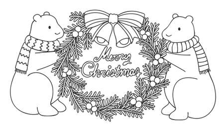 Cute polar bears holding Christmas wreath with hand drawn Merry Christmas for coloring book pageのイラスト素材