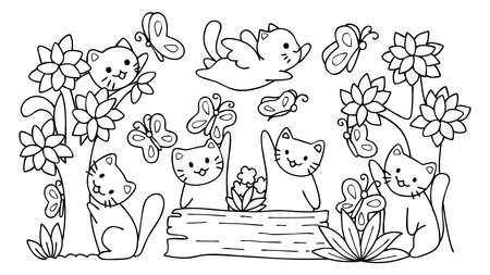 Hand drawn cute cats playing with butterfly in the forest,for design element and coloring book page.Vector illustrator.のイラスト素材