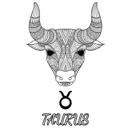 Zen doodle design of Taurus zodiac sign for design element and adult coloring book page. Vector illustrationのイラスト素材