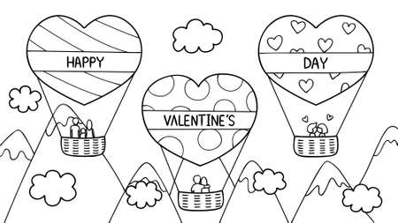 Hand drawn of couples and family spending good time on hearted shape hot air balloon for Valentineâs day. Vector illustration for cards,invitation and coloring book page for both kids and adults.のイラスト素材