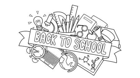 Doodle of student supplies with Back to School label in front for design element and coloring book page for kids. Vector illustration.のイラスト素材
