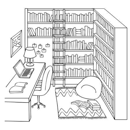 Hand drawn study or library room for design element and coloring book page. Vector illustration.のイラスト素材