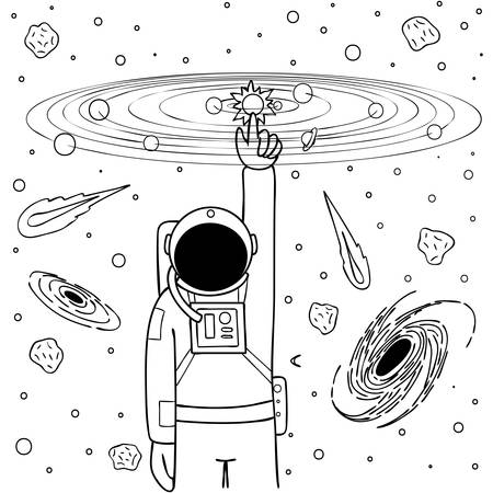 Hand drawn cute astronaut touching the sun and balance the solar system,  design element and coloring book page for kids and adult, vector illustration.のイラスト素材